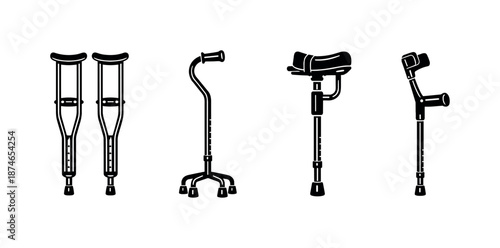 Medical support tools. flat black vector icons set. crutch, cane, mobility aid symbols.