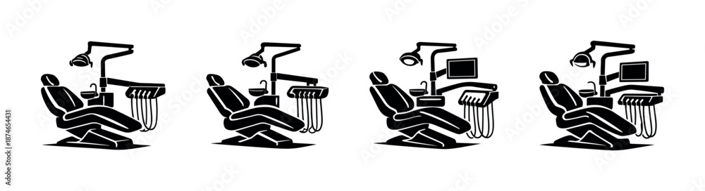 Obraz premium Dental care vector icons set: dentist chair, equipment in clinic, medical symbols