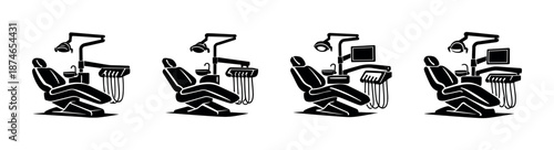 Dental care vector icons set: dentist chair, equipment in clinic, medical symbols