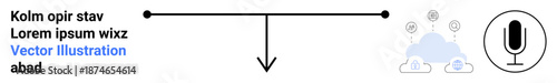 Audio recording, cloud services, technology, data storage, voice commands, remote communication. A microphone icon next to cloud symbols connected by lines. Audio recording and cloud services