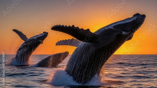 Whales Breaching in Ocean at Sunset.