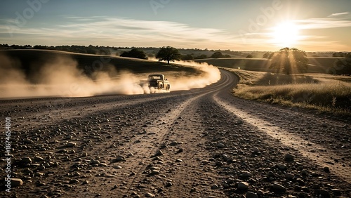 Old pickup truck driving fast on a dusty gravel road through a beautiful rural landscape at golden hour sunset, kicking up a large cloud of dust, evoking a sense of adventure and freedom.