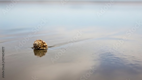 Beautiful seashell resting on the wet sand at the edge of the ocean, reflecting the serene sky and calm waters of a peaceful beach landscape.