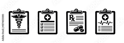 Medical vector icons set: healthcare, clipboard, medical documents, symbols