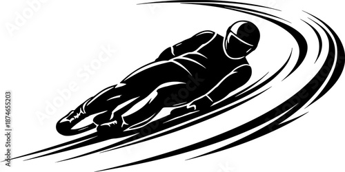 Luge Athlete Taking Curve Silhouette Black and White Minimalist Flat Vector Illustration for Winter Sports Design