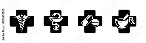 Medical symbols vector icons set: healthcare, pharmacy, wellness, medicine symbols