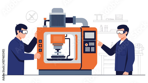 Engineers operating cnc machine in modern industrial workshop design