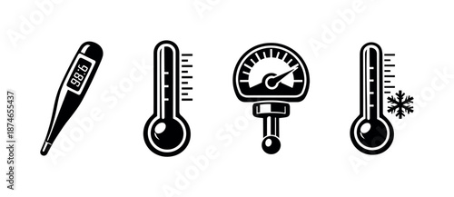 Temperature measurement vector icons set: thermometer, gauge, celsius, fahrenheit