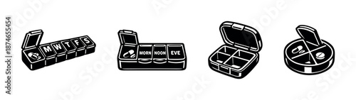 Weekly pill organizers vector icons set for healthcare and medication management