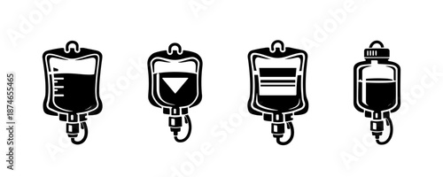 Iv drip vector icons set: infusion, medical equipment, flat style design