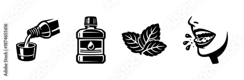 Mouthwash vector icons set: oral care symbols with liquid, bottle, mint, rinsing