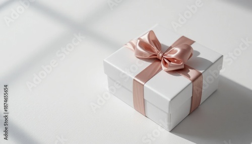 Elegant White Gift Box Wrapped With a Pink Ribbon Placed on a Soft Surface With Natural Light