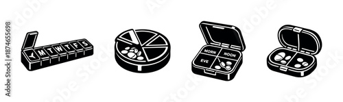 Medicine organizer vector icons set. pillbox symbols. weekly, daily container graphics