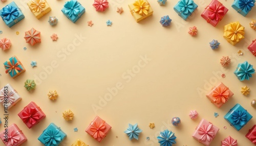 Colorful Wrapped Gifts Arranged in a Circular Pattern on a Light Yellow Background for Festive Occasions