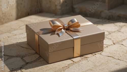 Present Wrapped in Elegant Paper With a Ribbon Placed on a Textured Stone Surface Under Soft Lighting