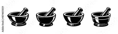 Mortar and pestle vector icons set. herbal medicine, pharmacy, grinding tools.