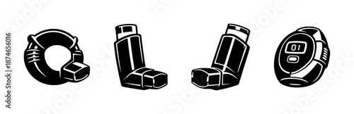 Medical tools vector icons set featuring inhalers and emergency equipment symbols