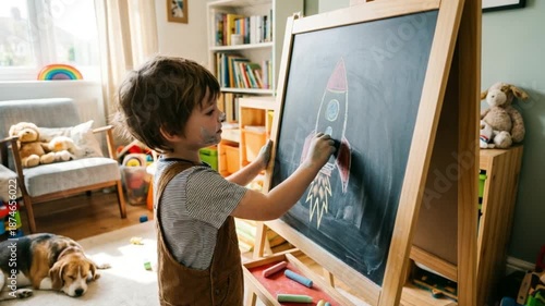 Child draws a rocket on a chalkboard in a colorful playroom with toys on the floor