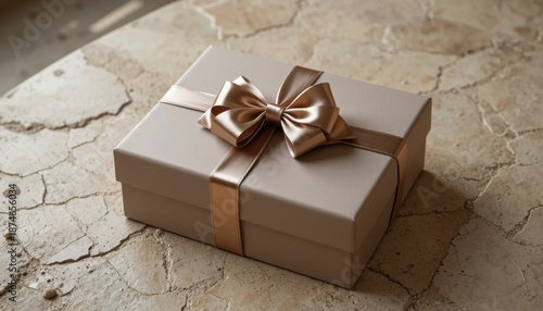 Beautifully Wrapped Gift Box With Elegant Ribbon on Textured Stone Surface, Perfect for Any Occasion