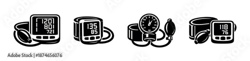 Blood pressure equipment vector icons set: medical, healthcare, monitoring tools