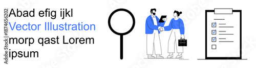 Business solutions, recruitment, teamwork, goal setting, data analysis, task management. Professional handshake, checklist and magnifying glass. Recruitment and business solutions