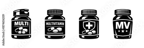 Multivitamin vector icons set, supplement bottle collection, nutrition illustrations