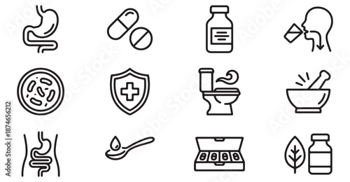 Digestive Health, Probiotics, and Gut Flora Medicine Icon Set

