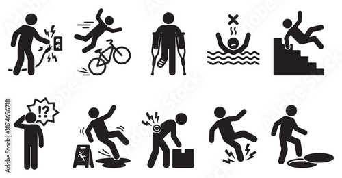 Stick Figure Pictogram Icon Set of Common Accidents, Injuries, and Safety Hazards

