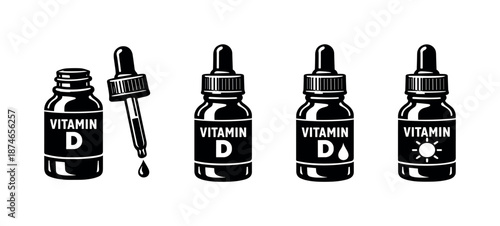 Vitamin d dropper bottles vector icons set, supplement containers, health symbols