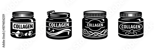 Collagen supplements vector icons set: jars, protein, beauty symbols