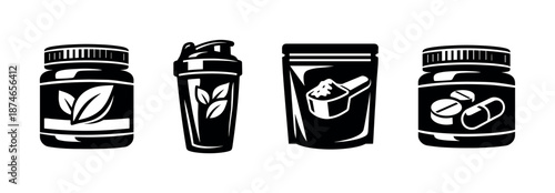 Nutritional supplements vector icons set: jars, capsules, scoops, shaker