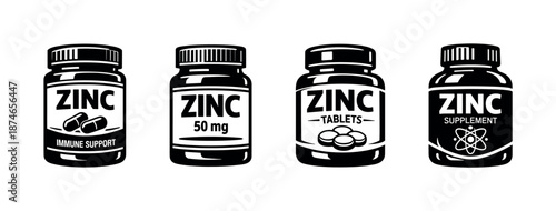 Zinc supplement vector icons set: immune support, tablets, 50 mg, bottle designs