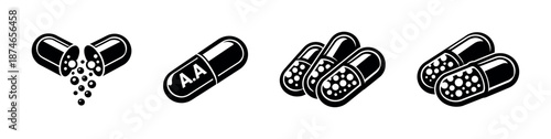 Capsule and pill vector icons set: pharmaceutical symbols, medicine, healthcare graphics