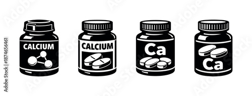 Calcium supplements vector icons set - health, vitamins, minerals, nutrition symbols