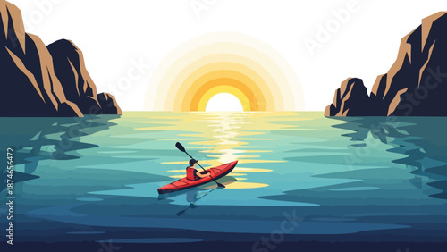 Serene sunset kayaking adventure across calm waters between majestic cliffs