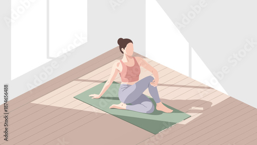 Flat design woman practicing yoga in sunlit room on a green mat