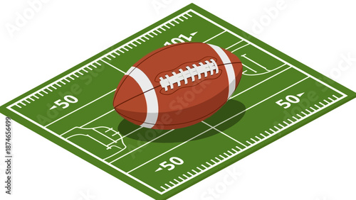 Isometric american football field with ball on green turf