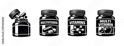 Vitamin bottles vector icons set, supplement symbols, health and wellness
