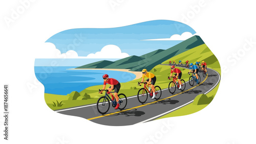 Cyclists racing on scenic coastal road in vibrant landscape