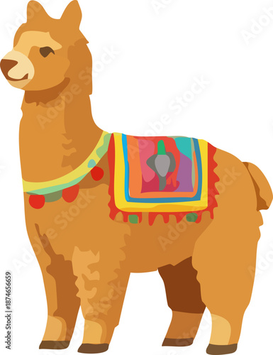 A flat vector illustration depicts a brown llama standing in profile, decorated with a colorful traditional Andean blanket