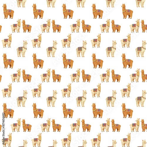 A seamless flat vector pattern shows repeating llamas and alpacas wearing colorful traditional Andean blankets 