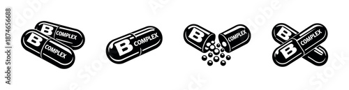 Vitamin b complex vector icons set: capsules, supplements, tablets