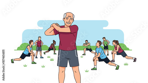 Active senior leading fitness class in park surrounded by diverse group exercising together