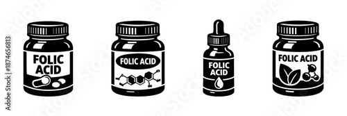 Folic acid vector icons set: supplements, capsules, health essentials