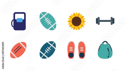 Colorful flat icons of sports and fitness equipment with sunflower