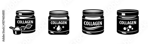 Collagen jars vector icons set: supplement, skincare, health symbols collection