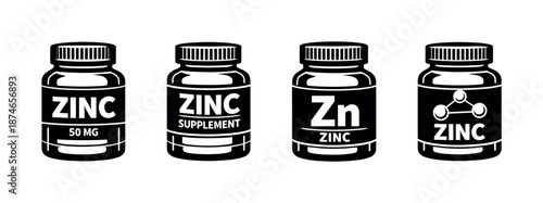 Zinc supplement vector icons set. medicine jar, pill bottle, health symbol illustration