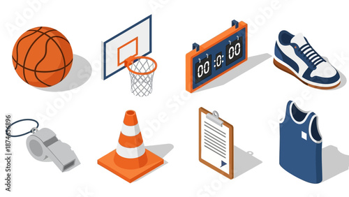 Isometric basketball equipment set with shoes and scoreboard elements