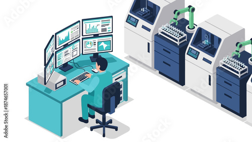 Isometric industrial automation with engineer managing robotic cnc machines