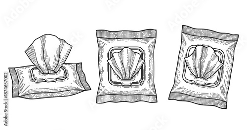 Vector sketch of three packs of wet wipes in different positions